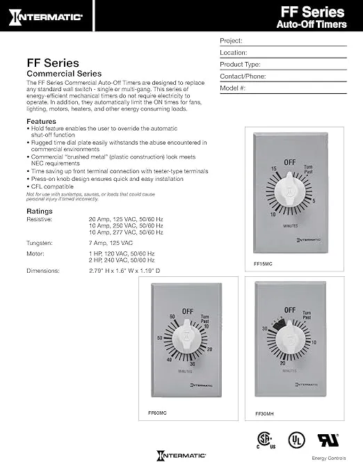 Intermatic FF12HHC 12-Hour Spring Loaded Wall Timer with Hold - Versatile SPST Control - Energy-Saving Universal Compatibility, Brushed Metal Finish