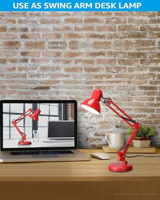 TORCHSTAR Metal Swing Arm Architect Desk Lamp with Clamp, Adjustable Gooseneck Table Lamp, Clip Desk Lights for Home Office, Work, Study, Reading, E26 Base, Multi-Joint, Red