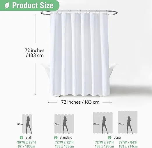 Dynamene White Fabric Shower Curtain， Waffle Weave Heavy Duty Hotel Luxury Cloth Shower Curtains for Bathroom, 72 Inch 256GSM Weighted Bath Curtain Set with 12 Plastic Hooks,72x72