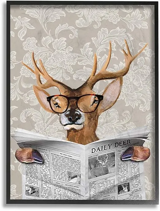 Stupell Industries Deer Reading Newspaper With Big Glasses XXL Framed Giclee Texturized Art, 24 x 1.5 x 30, Multi-Color