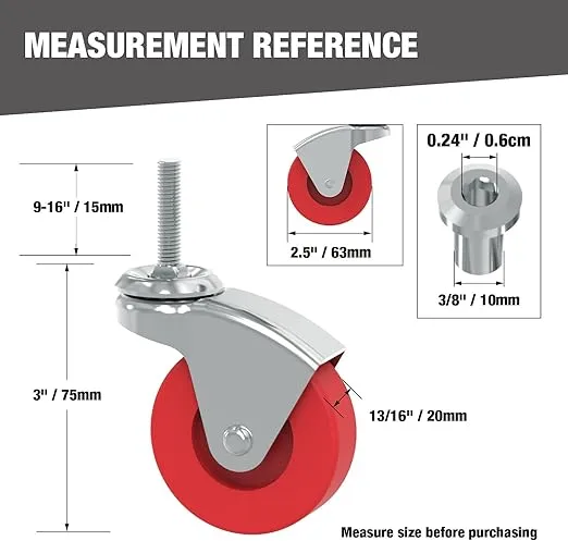 BIG RED 2.5 Inch Stem Caster Wheels Set of 6,Heavy Duty 360 Degree Swivel Stem Casters for Creeper Service Utility Cart Stool Post Mount,ATR6551-6PB