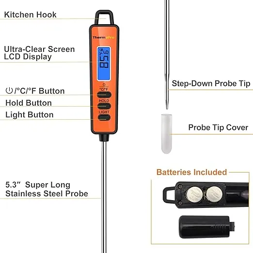 ThermoPro TP01A Instant Read Meat Thermometer with Long Probe Digital Food Cooking Thermometer for Grilling BBQ Smoker Grill Kitchen Oil Candy Thermometer