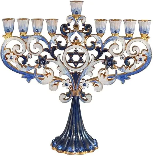 Artistic Chanukah Candle Menorah Elegantly Jeweled and Gold Plated Tree Fleur De Lis Menora for Hanukkah (Classic Blue) in Elegant Gift Box by Zion Judaica