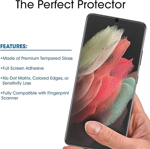 amFilm 3D Curved Screen Protector for Galaxy S21 Ultra 5G 6.8 Inch, Fully Compatible with UltraSonic Fingerprint Scanner, UV Gel Application, Tempered Glass, 2 Pack