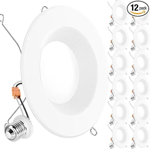 Sunco 12 Pack Retrofit LED Recessed 6 Inch, 6000K Daylight Deluxe, Dimmable Can Lights, Baffle Trim, 13W=75W, 1050 LM, Damp Rated - ETL