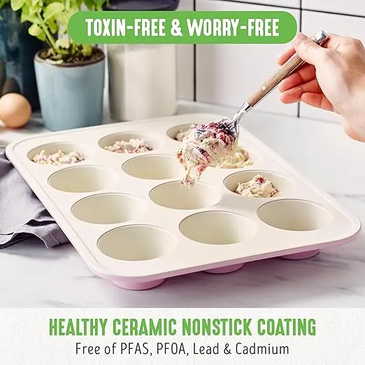 GreenLife 12-Cup Muffin Pan, Healthy Ceramic Nonstick Bakeware, PFOA & PFAS-Free Cupcake Sheet, Durable Baking Tray, Versatile Kitchen Essentials, Easy Clean Muffin Mold, Nonstick Baking Pan, Pink