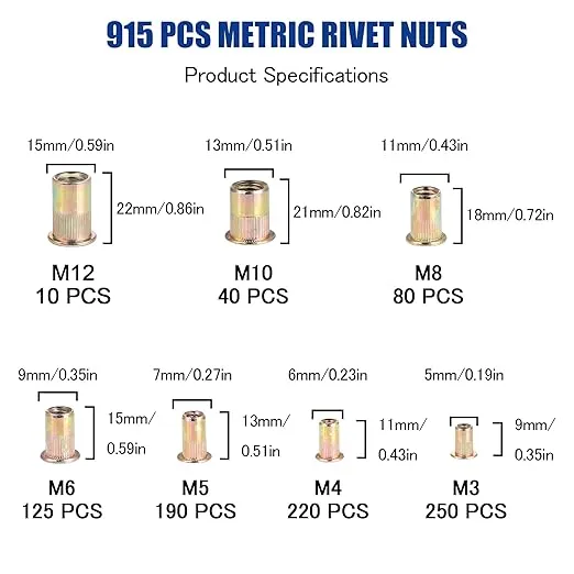 915pcs Rivet Nut Kit Metric Threaded Rivnut Assortment M3 M4 M5 M6 M8 M10 M12, Zinc Plated Carbon Steel Nut Inserts Rivnuts Nutserts Kit - JROUTH