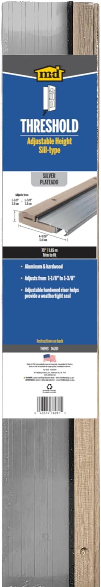 M-D Building Products 76281 4-9/16 in. x 1-1/8 in. x 73 in. Silver Adjustable Aluminum & Hardwood Threshold