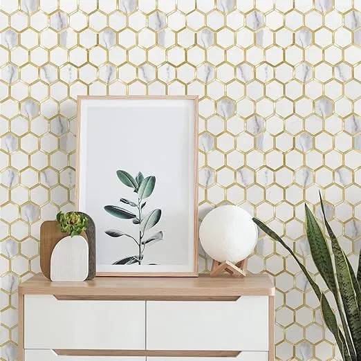 STICKGOO Hexagon Peel and Stick Backsplash Tile, Stick on Backsplash for Kitchen and Bathroom, White Marble Look PVC Mixed Metal Gold Self Adhesive Metal Mosaic Tiles(Sample, Seamless)