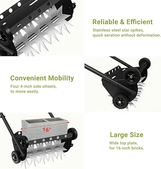 Push Spike Aerator,18Inch Push Lawn Aerator with 4 Wheels,Heavy Duty Rolling Manual Yard Aerator Lawn Tool with 45inch Handle,Suitable for Lawn Garden Yard Grass Maintenance