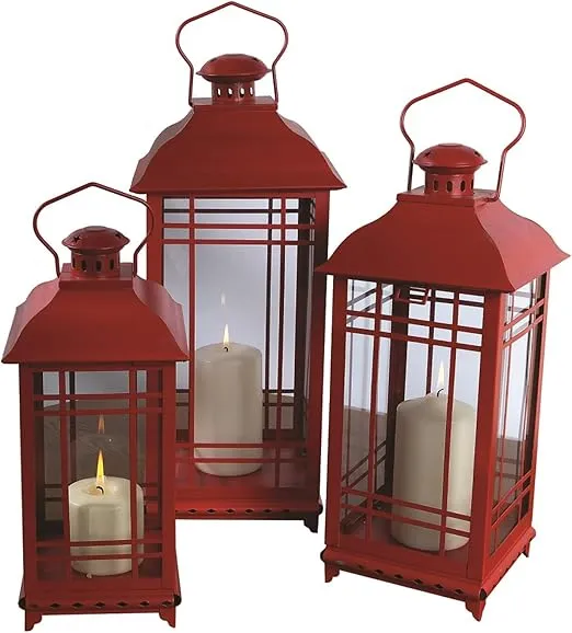 Melrose Lantern, Metal & Glass, Set of 3, Red, Candle Lantern Rustic Farmhouse Decor for Patio, Deck and Garden Tabletop and Hanging Outside Light