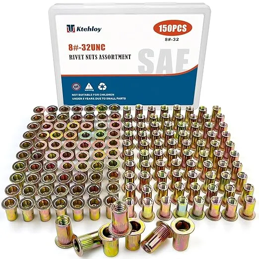 Rivet Nut, Ktehloy 150Pcs 8-32UNC Carbon Steel Flat Head Rivnut Threaded Insert Nut, Zinc Plated Carbon Steel Nut Inserts, Knurled Body (8-32)