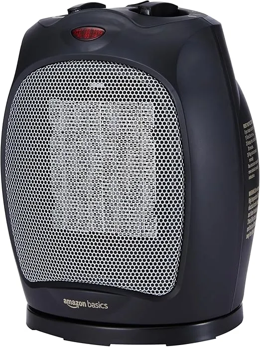 Amazon Basics Oscillating Ceramic Space Heater, Portable Heater for Indoor Use, for Office and Home, With Overheat and Tip-Over Protection, Thermostat, 1500W, Black, 7.52"D x 6.34"W x 9.45"H