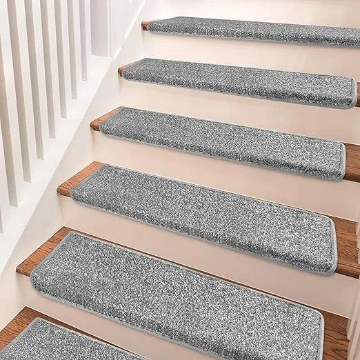 PURE ERA Bullnose Carpet Stair Treads Set Tape Free Non-Slip Indoor Stair Protectors Pet Friendly Rugs Covers Soft Skid Resistant Washable Reusable 9.5" x 30"(14 Pieces,Gray)