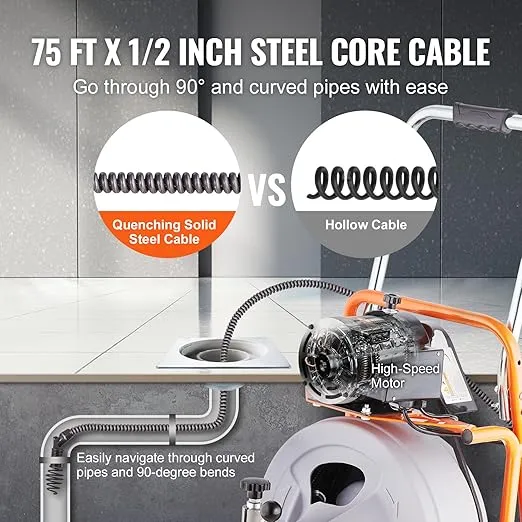 VEVOR Drain Cleaner Machine 75FT x 1/2 Inch, Auto Feed Sewer Snake Drain Auger on Wheels, Portable Drain Cleaning Machine with 8 Cutters & Air-activated Foot Switch for 2" to 4" Pipes
