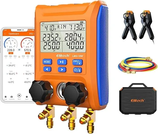 Elitech Wireless Digital Manifold Gauge Set Data Logging Refrigerant HVAC Gauges with Hoses, Temperature Clamps, LMG-10W