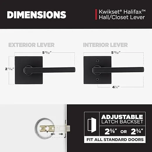 Kwikset Halifax Interior Passage Door Handle, Lever For Closet and Hallway Doors, Reversible Non-Locking Handle Lever, Matte Black, with Microban Protection, Square Rose