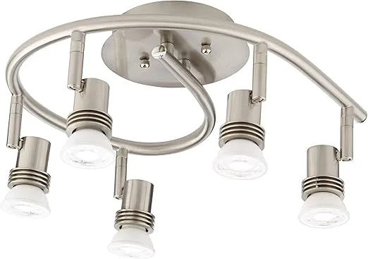 Pro Track 5-Head LED Ceiling Track Light Fixture Kit GU10 Directional Adjustable Silver Brushed Nickel Finish Metal Industrial Spiral Kitchen Bathroom Living Room Dining Hallway Bedroom 15 3/4" Wide