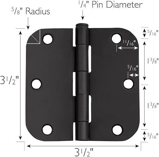 Door Hinges for Interior Doors 6-Pack 3.5-inch x 3.5-inch – Rounded 5/8-inch Radius Steel Door Hinge – Matte Black – Fits Standard Doors – Design House 189548