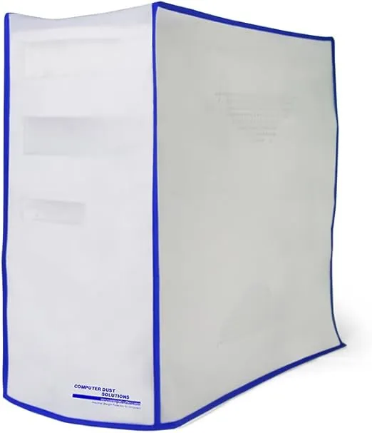 CPU Dust Cover, Covers PC Case, Silky Smooth Antistatic Vinyl, Translucent Coconut Cream Color with Blue Trim, Several Sizes Available, for Mid Tower (8.2W x 16H x 18.5D)