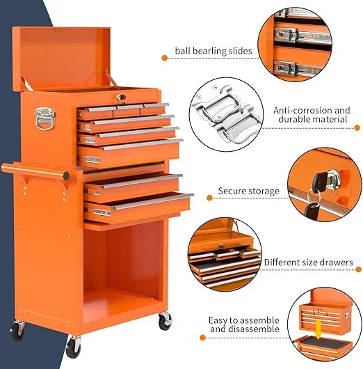 8-Drawer Rolling Tool Chest & Portable Tool Box with 2 Handles, Lockable Rolling Tool Box with 4 Hooks, Large Capacity Garage Storage Tool Cabinet for Warehouse, Repair Shop(Orange)