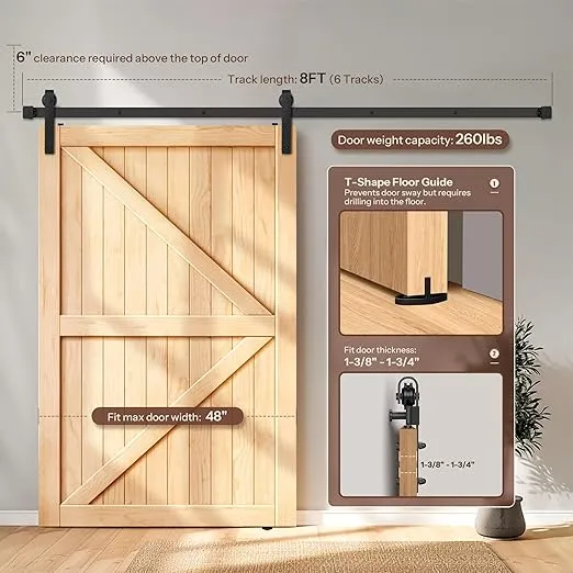 8 FT Barn Door Hardware Kit, Heavy Duty Sliding Barn Door Hardware Track Kit, Sturdy Barn Door Track with J Pulley, Slide Smoothly Quietly, Max Fit 48" Wide Single Door Panel, Black