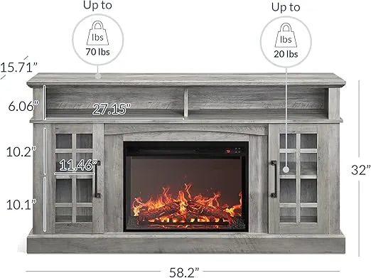 BELLEZE Traditional 58" Rustic TV Stand with 23" Electric Fireplace Heater with Sound, Media Entertainment Center Console Table for TV up to 65" with Open Storage Shelves and Cabinets - Grey Wash