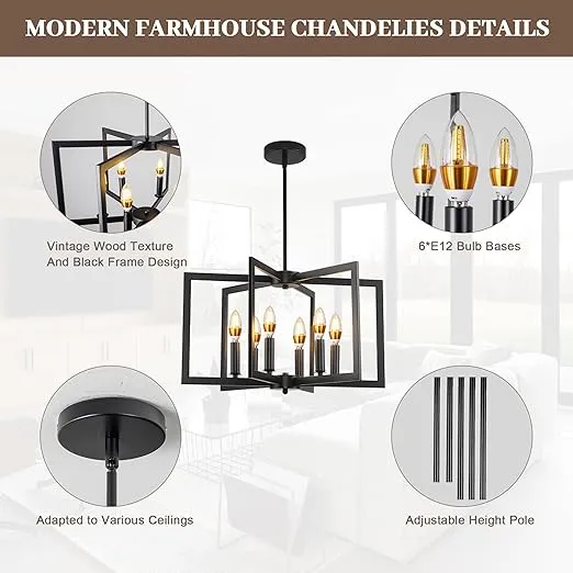 Black Chandelier,6-Light Geometric Hanging Metal Chandeliers,Modern Farmhouse Industrial Light Fixture for Dining Room Kitchen Table Island Foyer Entryway Living Room Bedroom (E12 Bulbs Not Included)