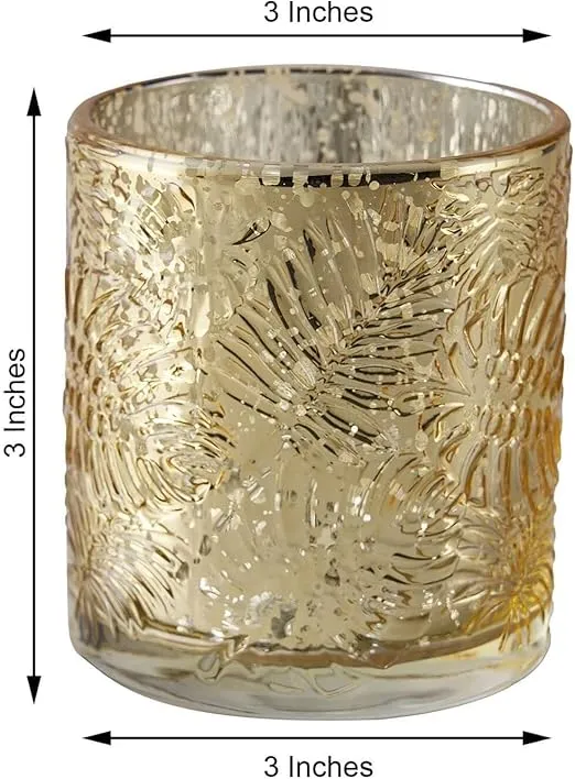 Efavormart 6 Pack Antique Gold Mercury Glass Candle Holders, Votive Tealight Holders with Palm Leaf Design for Wedding, Parties, Centerpieces Decorations