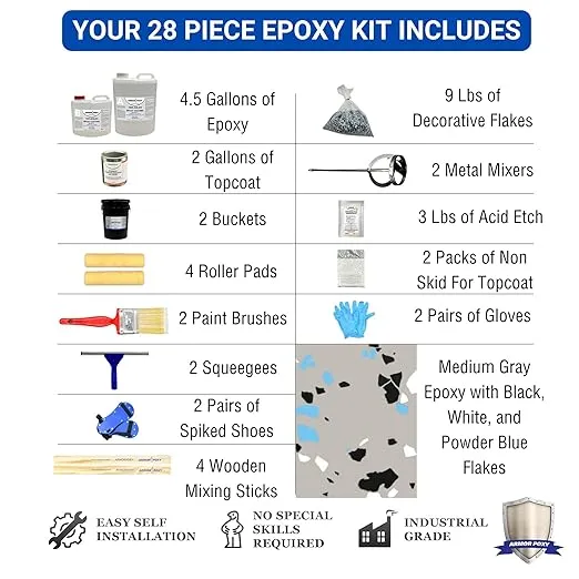 Garage Epoxy Floor Kit – Industrial Grade, 2 Part Epoxy Coating for Concrete for Garages, Basements, Workshops, Retail & Automotive Spaces - 28 pcs, Covers 900 Sq Ft, Light Gray