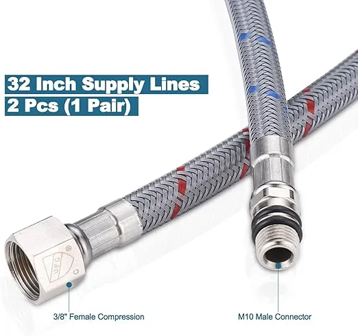 WOWOW 32" Length Faucet Supply Line, Bathroom Kitchen Faucet Lines Braided Nylon Sink Hose,cUPC Faucet Supply Lines 3/8" Female Compression Thread × M10 Male Connector 2Pcs (1 Pair)