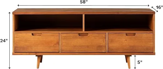 Walker Edison 3-Drawer Mid Century Modern Wood TV Stand for TV's up to 65" Flat Screen Cabinet Door Living Room Storage Entertainment Center, 58 Inch, Caramel