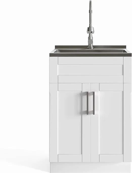 SIMPLIHOME Hennessy Contemporary 24 Inch Deluxe Laundry Cabinet with Faucet and Stainless Steel Sink in Pure White, For the Laundry Room and Utility Room
