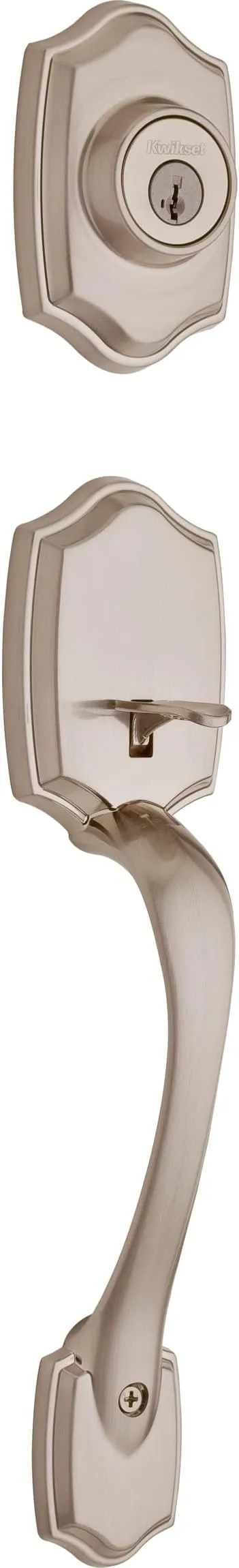 Kwikset Belleview Front Door Lock Handle and Deadbolt Set, Entry Handleset Exterior Only, Satin Nickel, Pick Resistant SmartKey Rekey Deadbolt Security, Interior Sold Separately