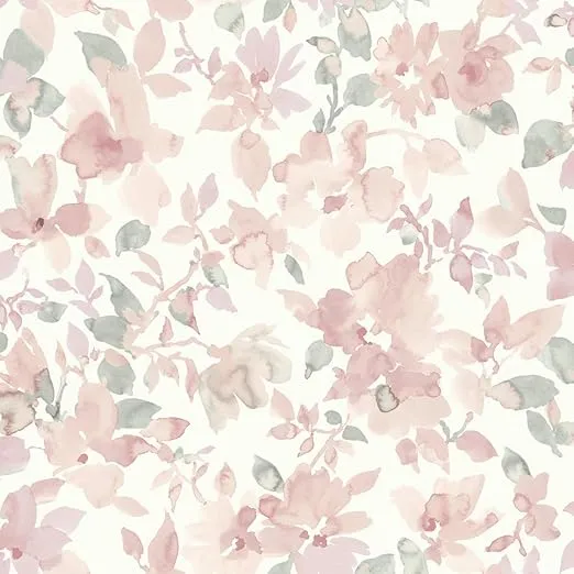 RoomMates RMK11702WP Pink and Green Watercolor Floral Peel and Stick Wallpaper
