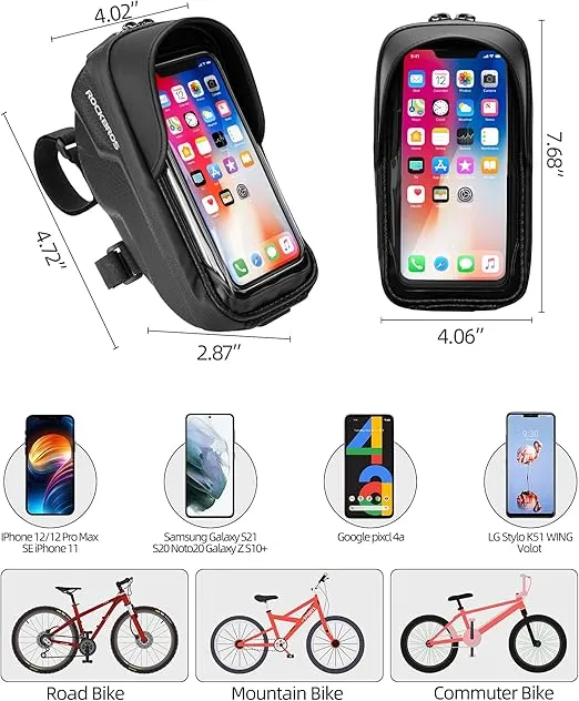 ROCKBROS Bike Phone Mount Bag Bike Front Frame Handlebar Bag Waterproof Bike Phone Holder Case Bicycle Accessories Pouch Sensitive Touch Screen Compatible with iPhone 11 XS Max XR 8 Plus Below 6.5"