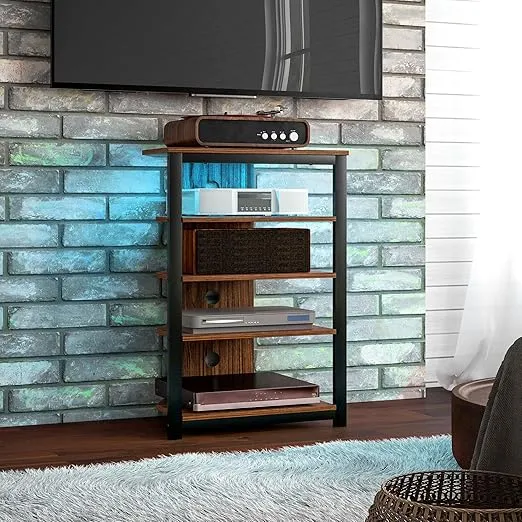 HOMCOM Media Stand with LED 4-Tier Audio Rack AV Media Corner Shelf with Cable Management for DVD Players Game Console TV Box Cable Box Xbox WiFi Router, Brown