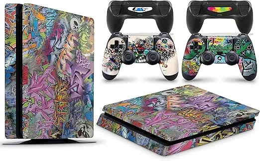 PS4 Slim Console Graffiti Skin Decal Vinal Sticker + 2 Controller Skins Set