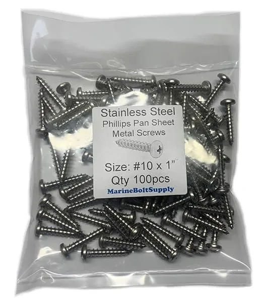 #10 x 1 Stainless Steel Pan Head Sheet Metal Screws, Full Thread, Phillips Drive, Bright Finish, Self-Tapping, Quantity 100 Pieces by Marine Bolt Supply