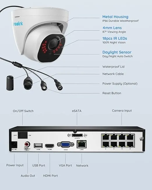 REOLINK 4K Security Camera System, 4pcs H.265 PoE Wired Turret 4K Cameras with Person Vehicle Detection, 4K/8MP 8CH NVR with 2TB HDD for 24-7 Recording, RLK8-800D4