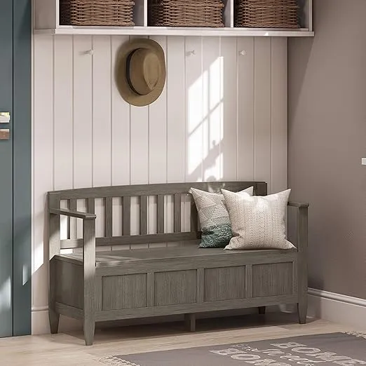 SIMPLIHOME Brooklyn SOLID WOOD 48 inch Wide Entryway Storage Bench with Safety Hinge, Multifunctional in Farmhouse Grey