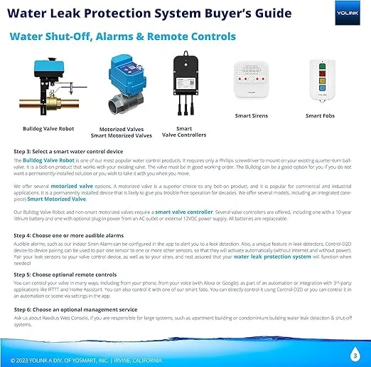 YoLink Smart Water Leak Protection System Kit: Bulldog Valve Robot, Smart Valve Controller 2, 3 Water Leak Sensors, Hub