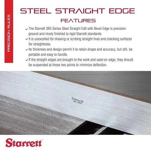 Starrett Steel Straight Edge with Bevel Edge, Not Graduated - 12" (300mm) Length, 11/64" (4.4mm) Thickness, 1-13/32" (36mm) Width,