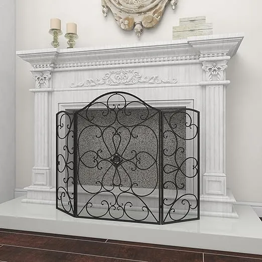 Deco 79 Metal Scroll Foldable 3 Panel Fireplace Screen with Mesh Netting, 49" x 1" x 36", Black