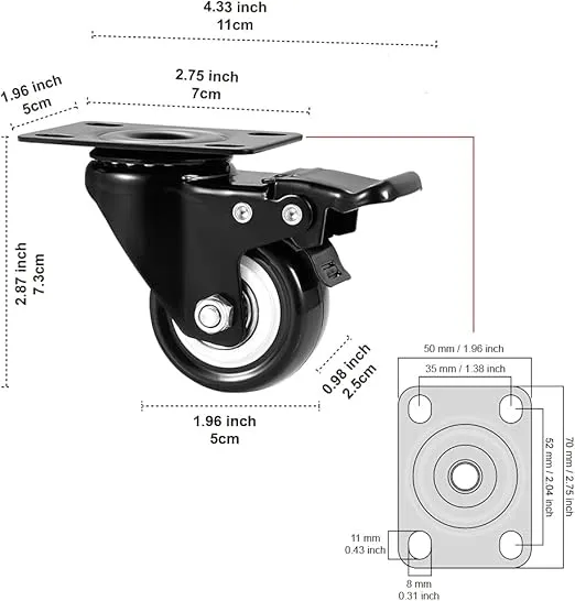 2" Caster Wheels Set of 4, Heavy Duty Casters with Brake, No Noise Locking Polyurethane (PU) Wheels, Swivel Plate Castors Pack 4