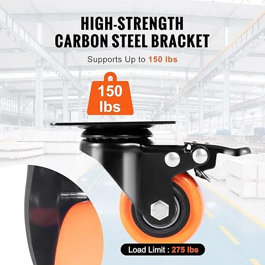 VEVOR Caster Wheels, 2-inch Swivel Plate Casters, Set of 4, with Security Dual Locking No Noise PVC Wheels, Heavy Duty 150 lbs Load Capacity Per Caster, Non-Marking Wheels for Cart Furniture Workbench