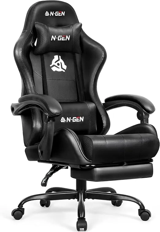 N-GEN Video Gaming Chair with Footrest High Back Ergonomic Comfortable Office Computer Desk with Lumbar Support Height Adjustable with PU Leather Recliner for Adults Women Men (Black)