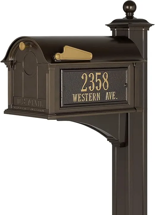 Whitehall Custom Extra Large Mailbox - Balmoral Model with Address Plaques and Side Mount Post Package, Sand Cast Aluminum, Bronze Personalized in Goldtone