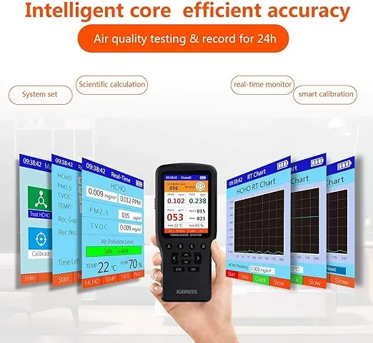 Indoor Air Quality Monitor, IGERESS Formaldehyde Detector, Pollution Monitor, Temperature & Humidity Meter, Dust Tester, Detect Indoor HCHO/TVOC/PM2.5/PM10/PM1.0, Colorful LCD Screen & USB Charging