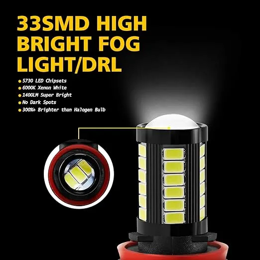 AUXLIGHT H11 H8 H11LL H8LL H16 (Japanese) LED Fog Light Bulbs 6000K Xenon White, Super Bright 2800 Lumens 33-SMD Chips LED Daytime Running Lights DRL Bulbs Replacement for Cars, Trucks (Pack of 2)